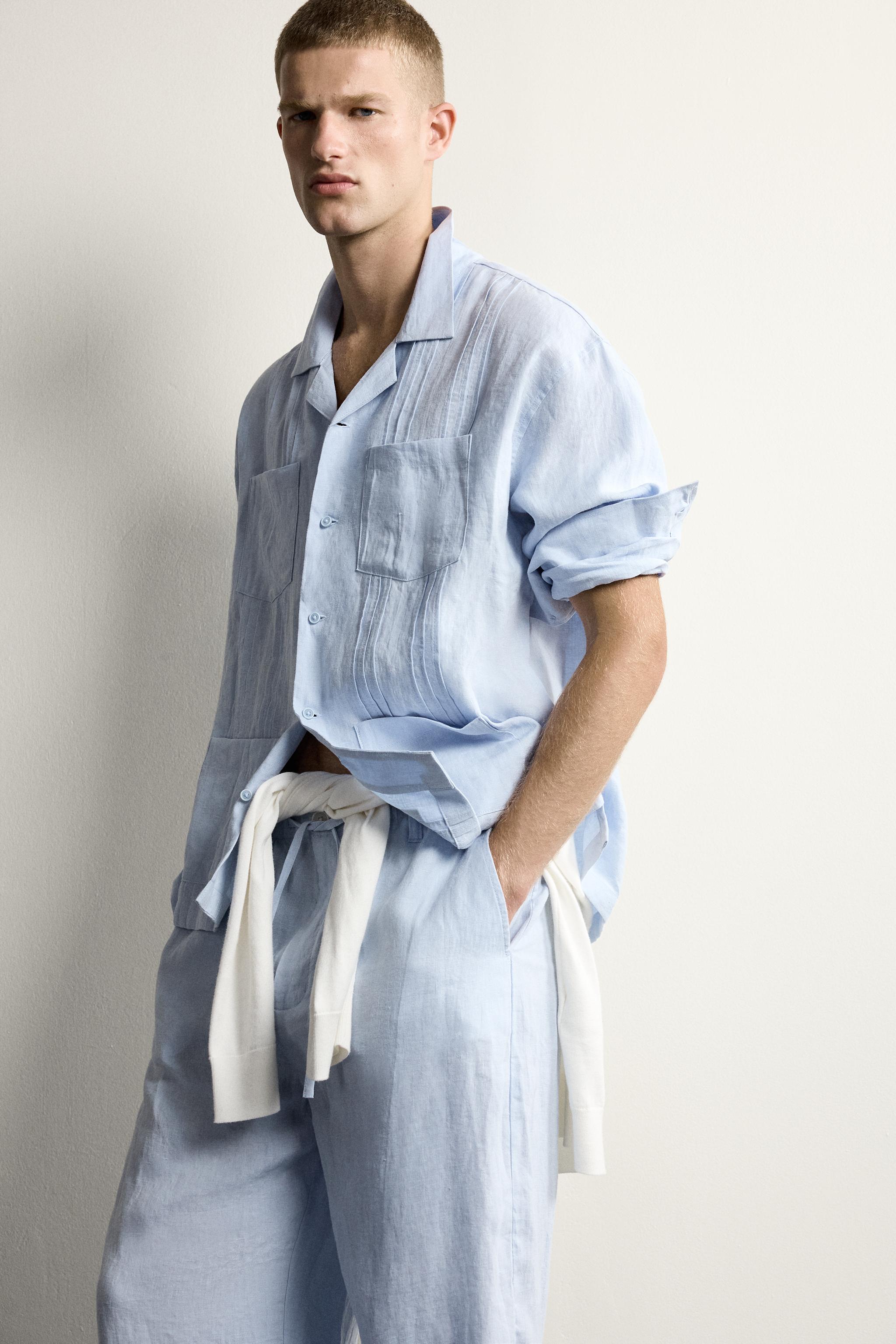 RELAXED FIT 100% LINEN PLEATED SHIRT